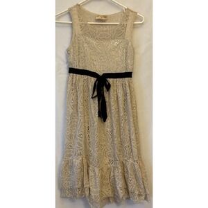 Girls Mia Joy Dress Size 12 Beige Lace Tank Black Belt 2 Layer Lined Flowergirl